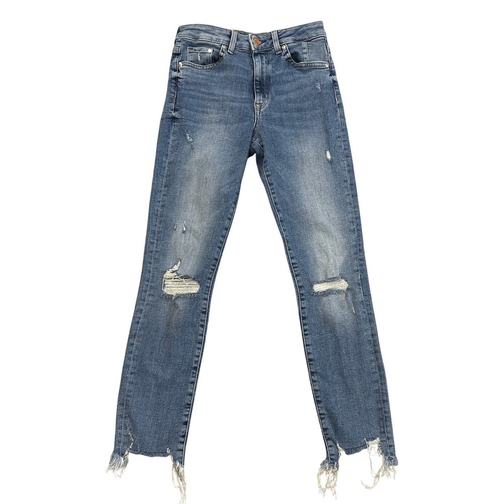 & Denim Jeans WMNS Sz 26 Med Wash Skinny High Rise Raw Hem Stretch Distressed